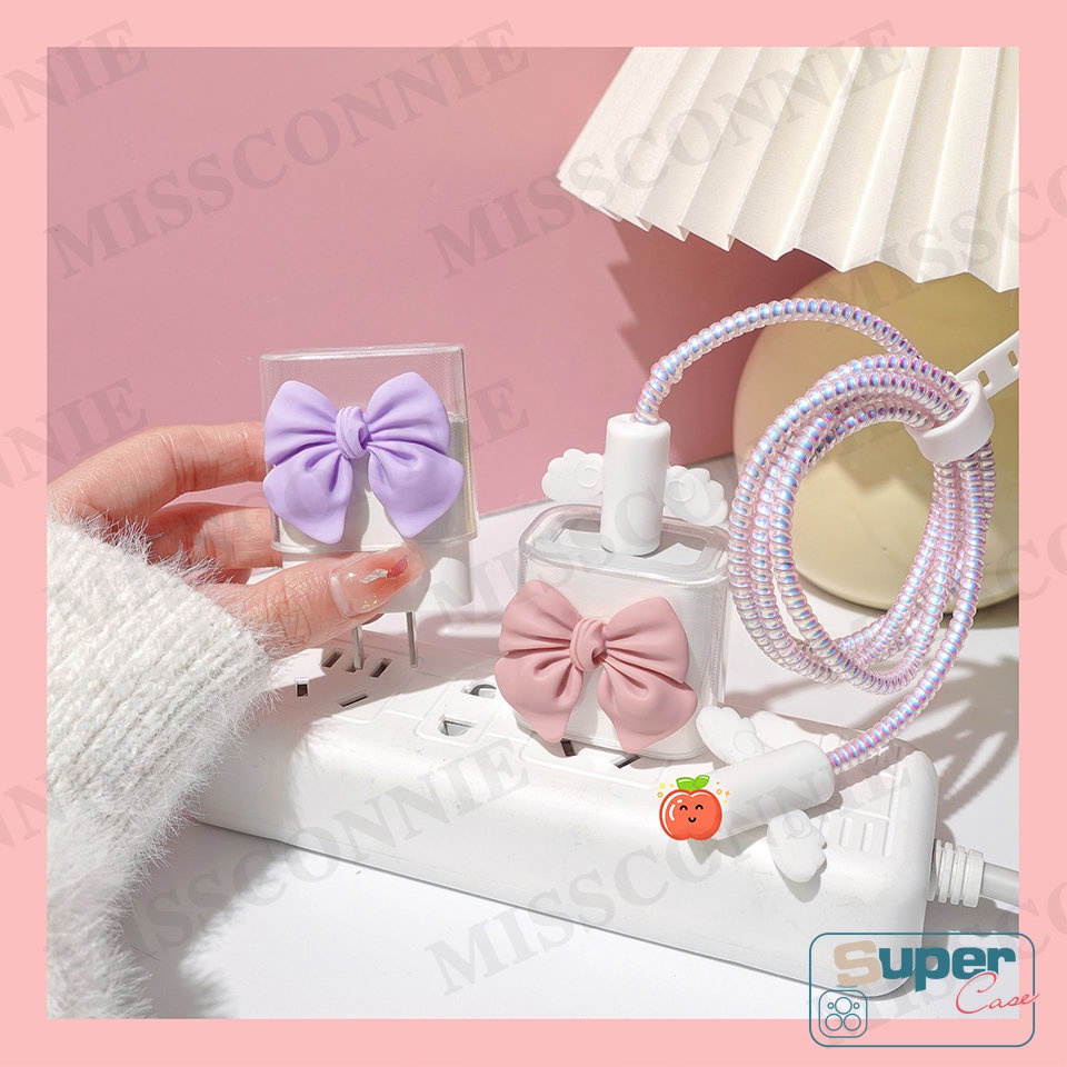 Set 5 In 1 Pelindung Kabel Data / Charger TPU Motif Kartun Pink / Ungu / Pita Untuk Apple 18 / 20W