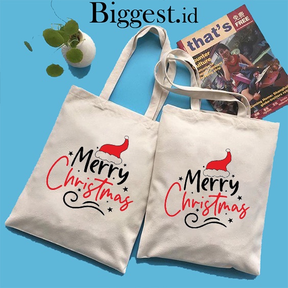 TOTE BAG KANVAS MURAH / TOTE BAG WANITA / TOTE BAG MOTIF Natal Christmas series &amp; Tahun Baru