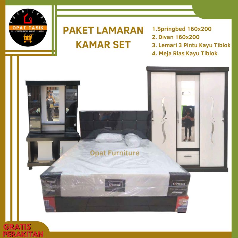 Paket Lamaran Seserahan Furniture Kamar Set / Spring Bed Full Set 160x200 Lemari 3 Pintu Meja Rias K