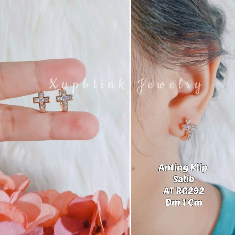 Anting Titanium Salib Permata Anti Karat Anting Klip Wanita