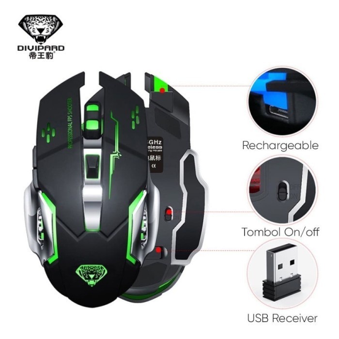 Mouse Gaming Wireless Charging Silent 2.4Ghz 7 Color Rgb Divipard Q3