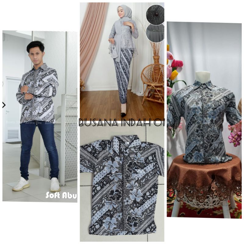 COUPLE BATIK KEBAYA SLENDANG / SARIMBIT KELUARGA BATIK MOTIF SOFT GREY