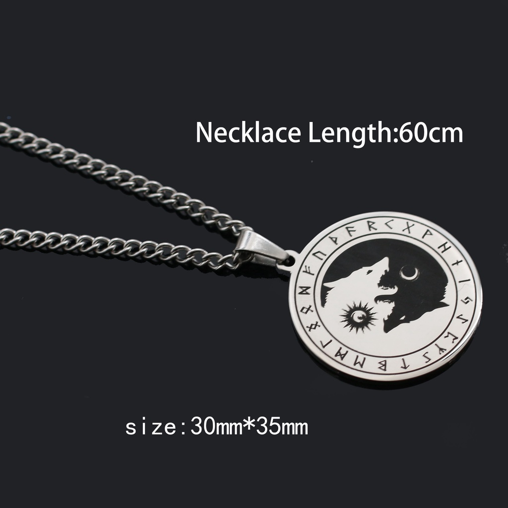 Kalung Liontin Odin Serigala Matahari Bulan Rune Bahan Stainless Steel Gaya Viking