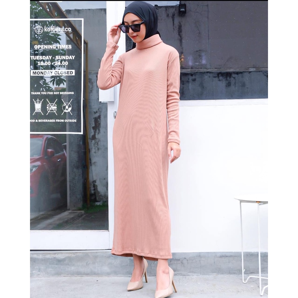 (MGA) GAMIS AIDA KERAH TURTLE DRESS WANITA RIB KNIT