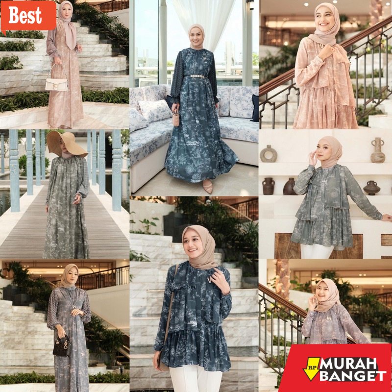 Abaya muslim terkini- TUDEJUL BLOOM DRESS BLOUSE denim tudejul bloom blue navy blush matcha atlantis