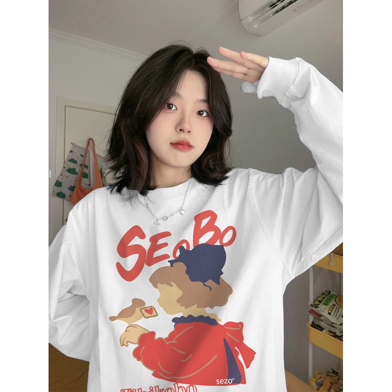 EUNII Sweater Lengan Panjang Painting Girl Korean Style/Hoodie Oversize/Baju Wanita/Switer Wanita