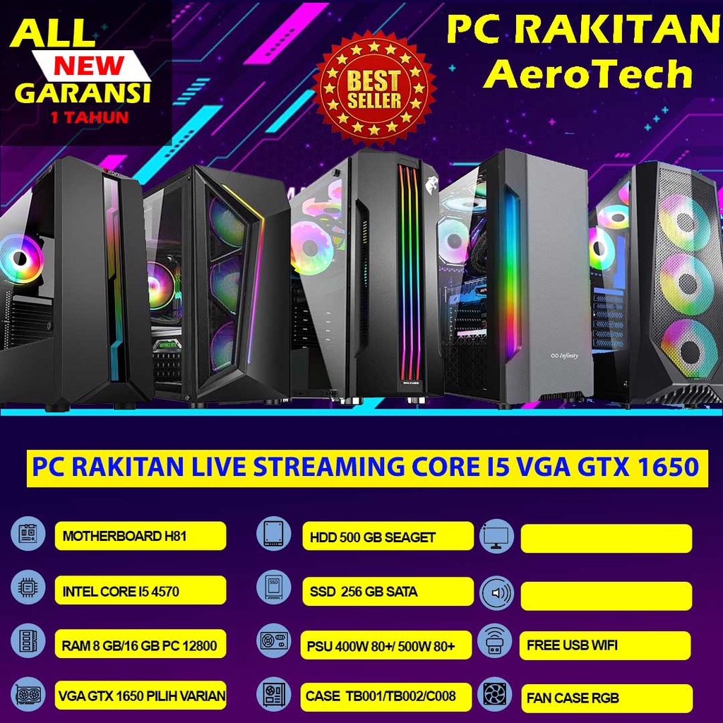 TERMURAH PC RAKITAN INTEL I5 4590|VGA GTX 1650 4 GB|RAM 16 GB|SSD 256 GB|HDD 500GB LENGKAP LED 24 INCH EDITING DESAIN GAME DAN LIVE STREAMING