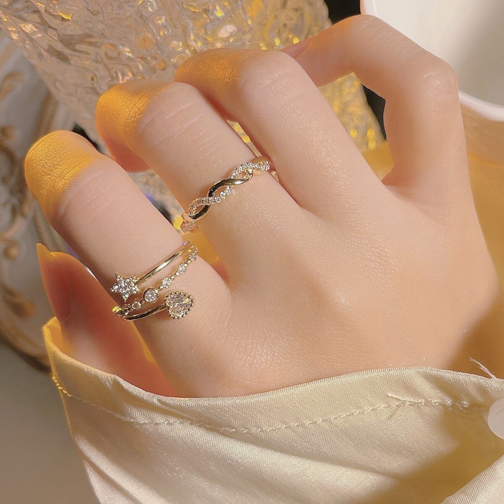 Cincin Model Terbuka Bahan Alloy Desain Bintanghati Hias Berlian Imitasi Gaya Korea Untuk Wanita