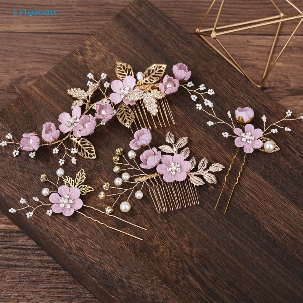 4pcs / Set Jepit Rambut Desain Bunga Daun Kristal Mutiara Palsu Bahan Alloy Untuk Pengantin Pernikahan