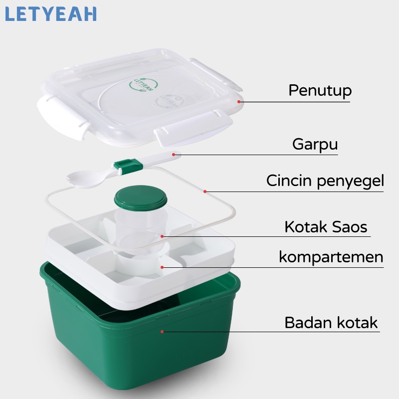 letyeah Kotak makan anti tumpah dengan sauce cup /1600ml lunch box tempat makan double layer/salad box