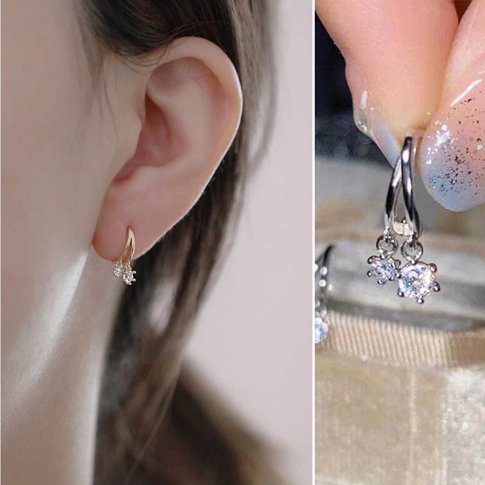 Anting Stud Bahan Sterling Silver 925 Lapis Emas Aksen Zirkon Untuk Wanita