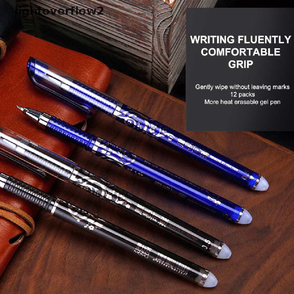 (lightoverflow2) 12pcs / Set Pulpen Gel 0.5mm Tinta Biru / Hitam Bisa Dihapus Untuk Sekolah