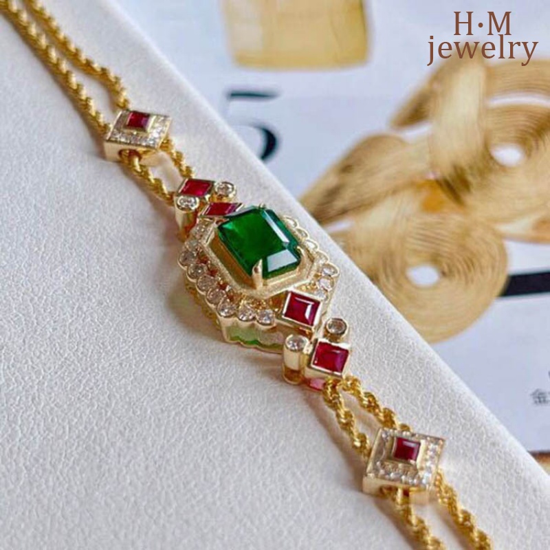 Gelang Tangan Rantai Lapis Ganda Aksen Batu Ruby Emerald Untuk Wanita