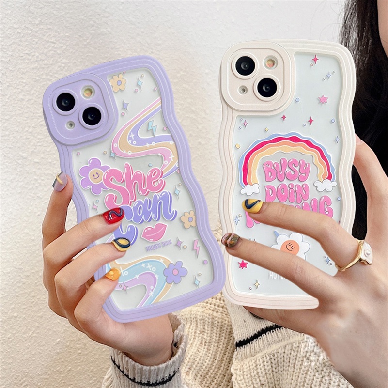 Soft Case Silikon TPU Transparan Gelombang Pelangi Cover iPhone 14 13 12 11 Pro Max X Xr Xs Max 8 7 6 6s Plus