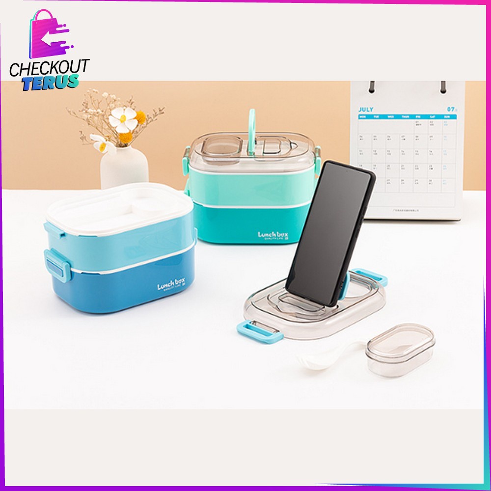 CT C696 Tempat Makan Set 2 Tingkat Anti Tumpah Dengan Pegangan Set BPA FREE Lunch Box Susun Free Sendok Portable