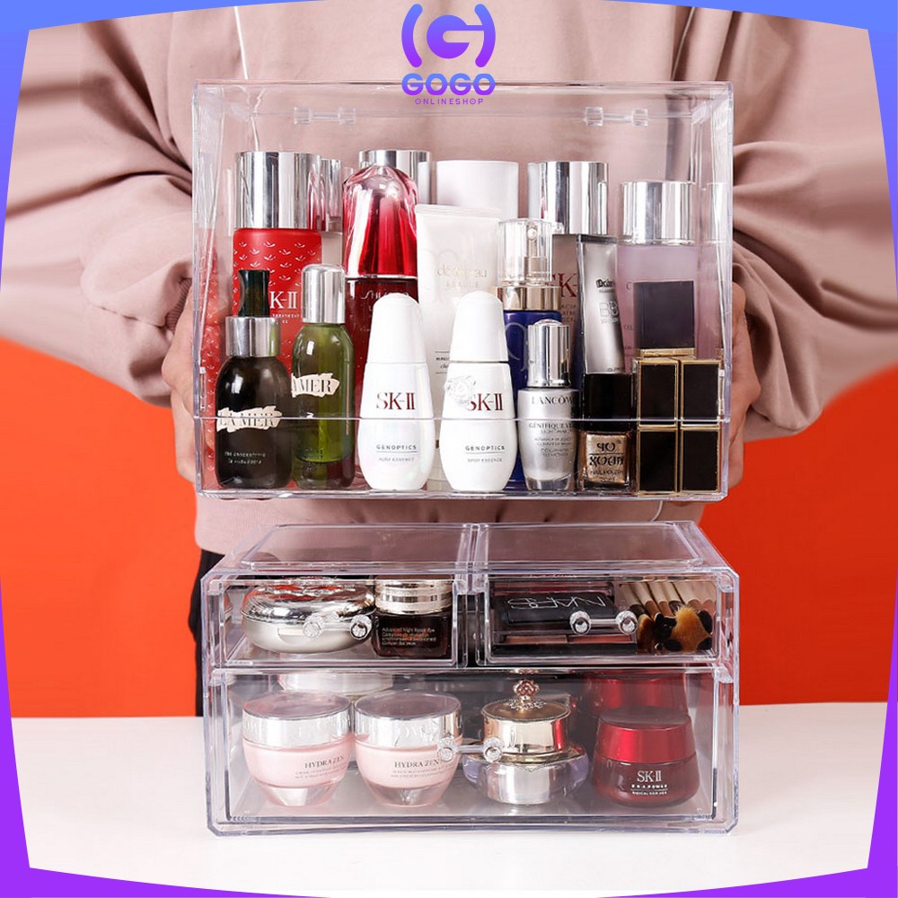 GOGO-K133 Rak Kosmetik Acrylic Transparan Dengan Penutup Anti Debu Storage Box / Tempat Penyimpanan Laci Rak Make Up Skincare Organizer Laci Multifungsi