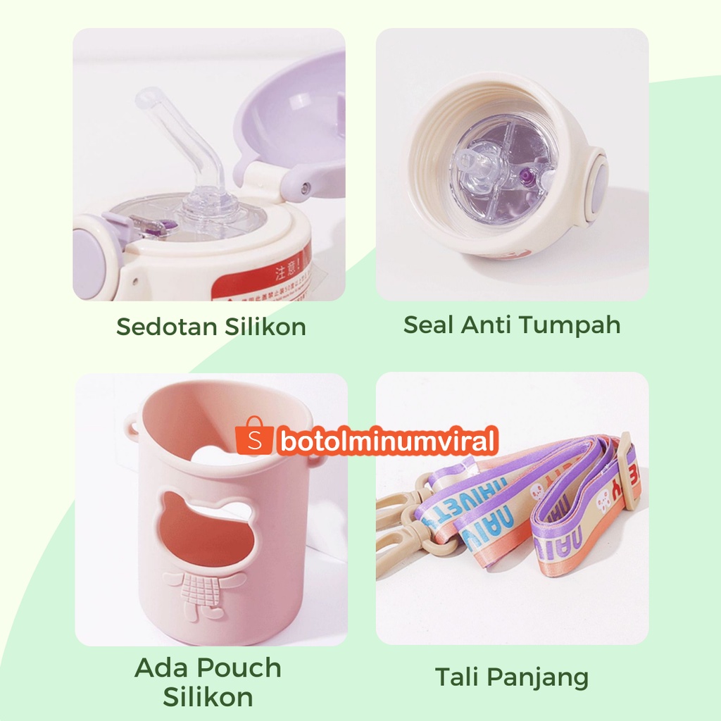 Botol Minum Viral Anak Korea BPA FREE Anti Tumpah Sedotan Pouch Silicone Tali Sticker Tebal Premium Import