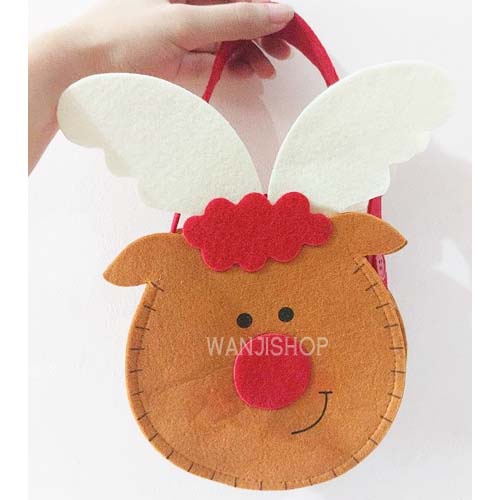 TAS NATAL KEPALA 20 cm goodie bag hadiah kado permen christmas bag flanel santa snowman rusa