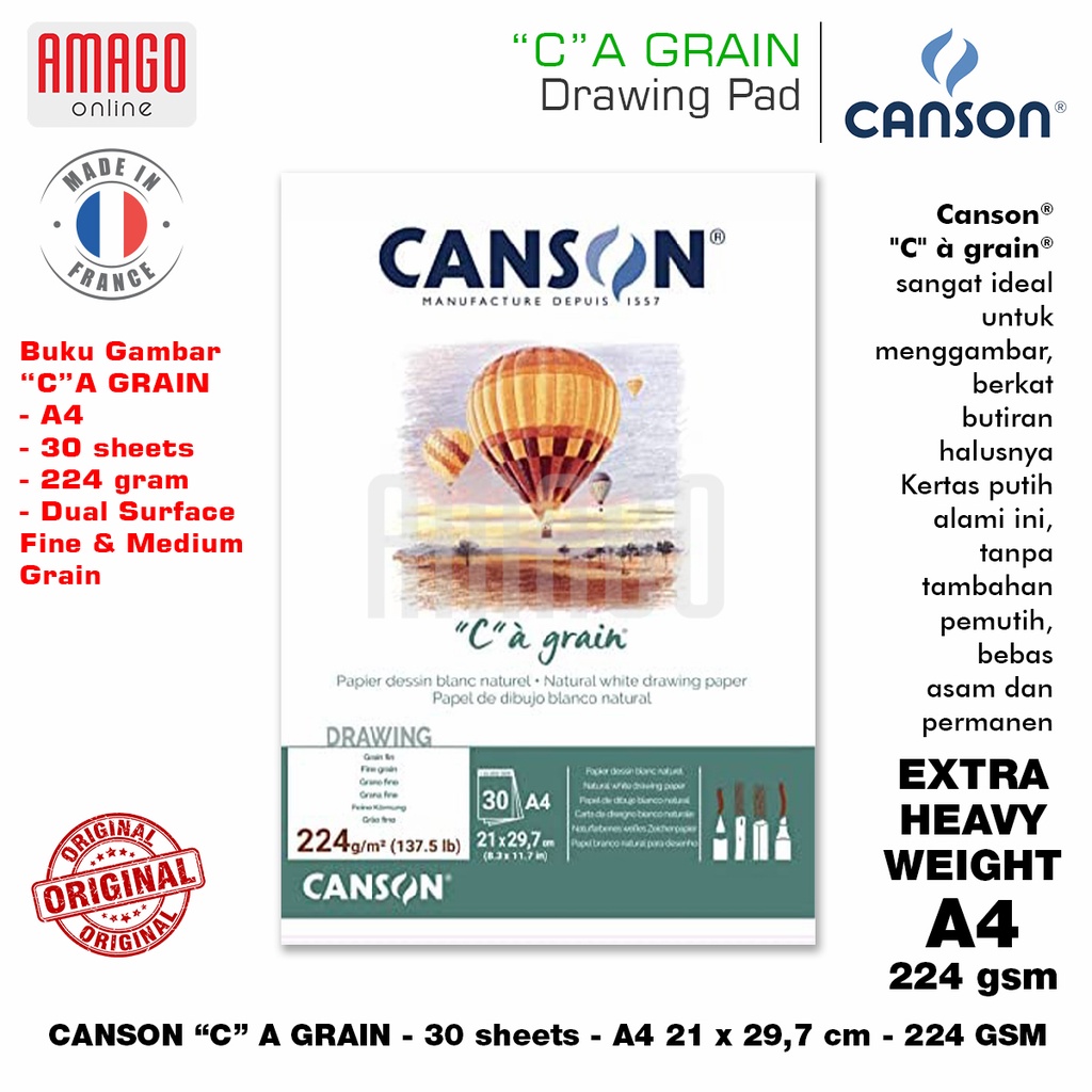 BUKU CANSON C A GRAIN - PAD - 30 SHEETS - A4 - 21 x 29,7 cm - DUAL SURFACE - 224 gram - 400060600