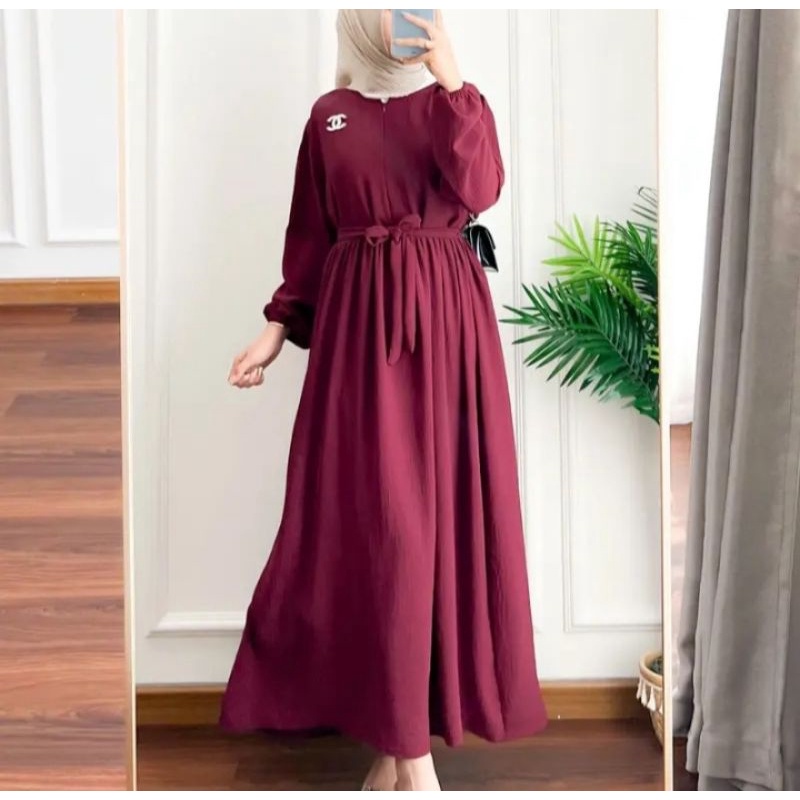 Bavin Midi Dress/ Dress Crinkle Airflow Premium/ Ziper Depan (Busui Friendly)/ Fashion Muslim Terbaru Kekinian/ Bisa Bayar Ditempat