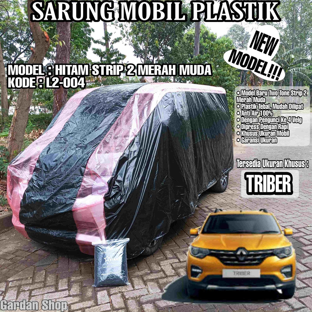 Sarung Mobil Plastik TRIBER Hitam Strip 2 Merah Muda Full Anti Air Full Waterproof