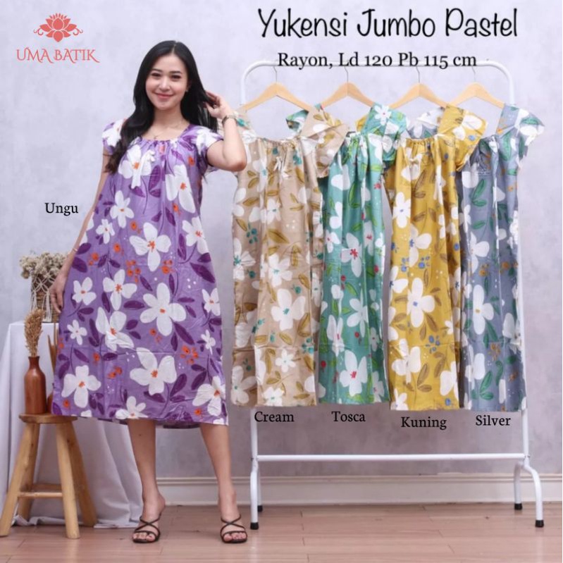 Umabatik | Daster Jumbo Wanita Yukensi Bunga Pastel LD 120 PJ 110 Tanpa Lengan Leher Karet Bahan Ade