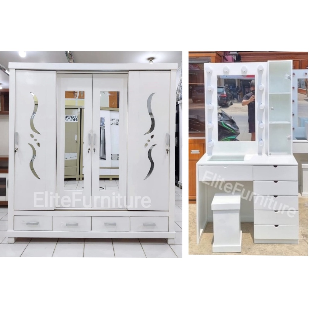 Lemari Baju 4Pintu + Meja Rias Multiplek , Lemari Baju 4Pintu Sliding , Meja Rias 2 Putih Lampu
