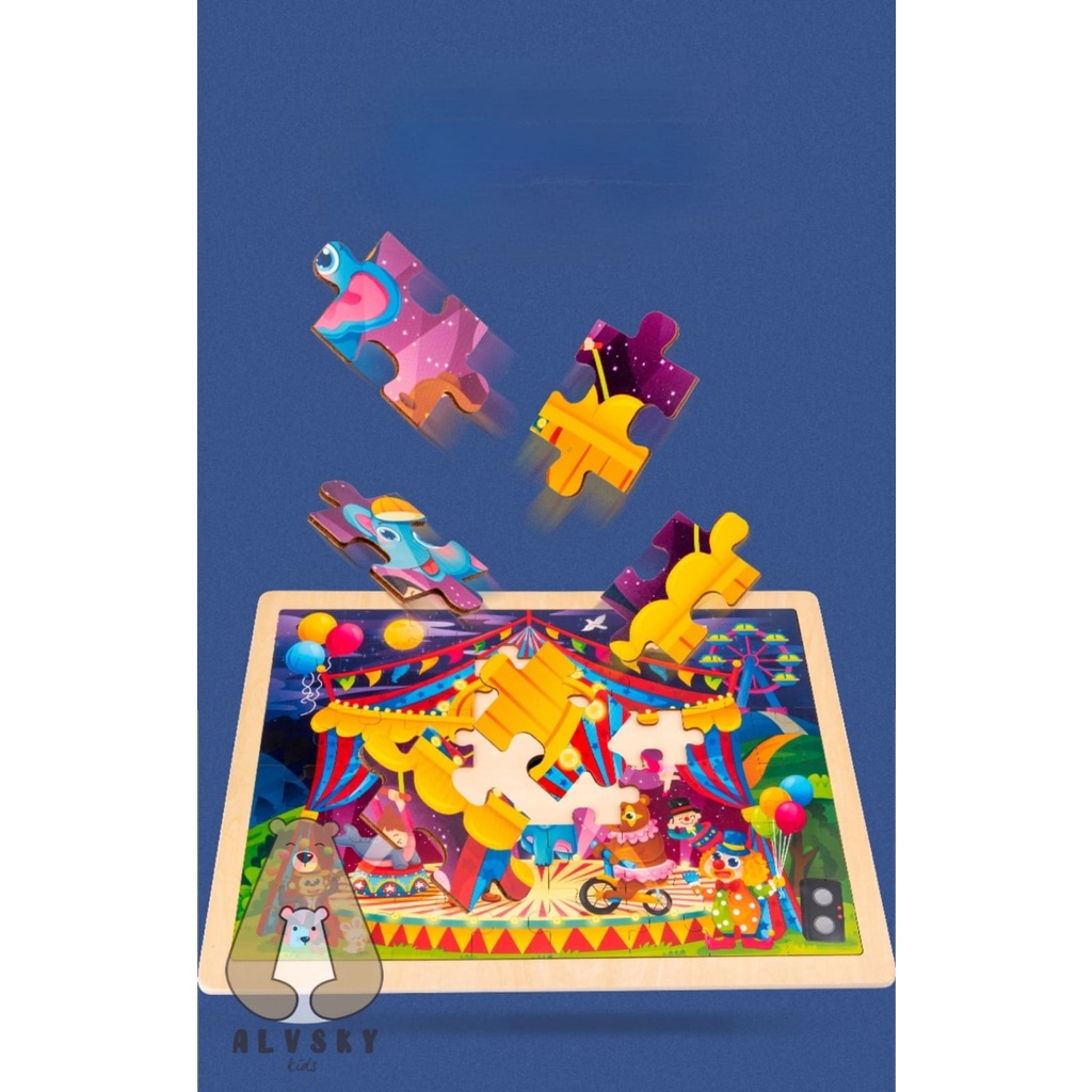 PUZZLE KAYU ANAK 100 PCS / JIGSAW WOODEN PUZZLE 100 PCS DENGAN PAPAN GAMBAR LUCU