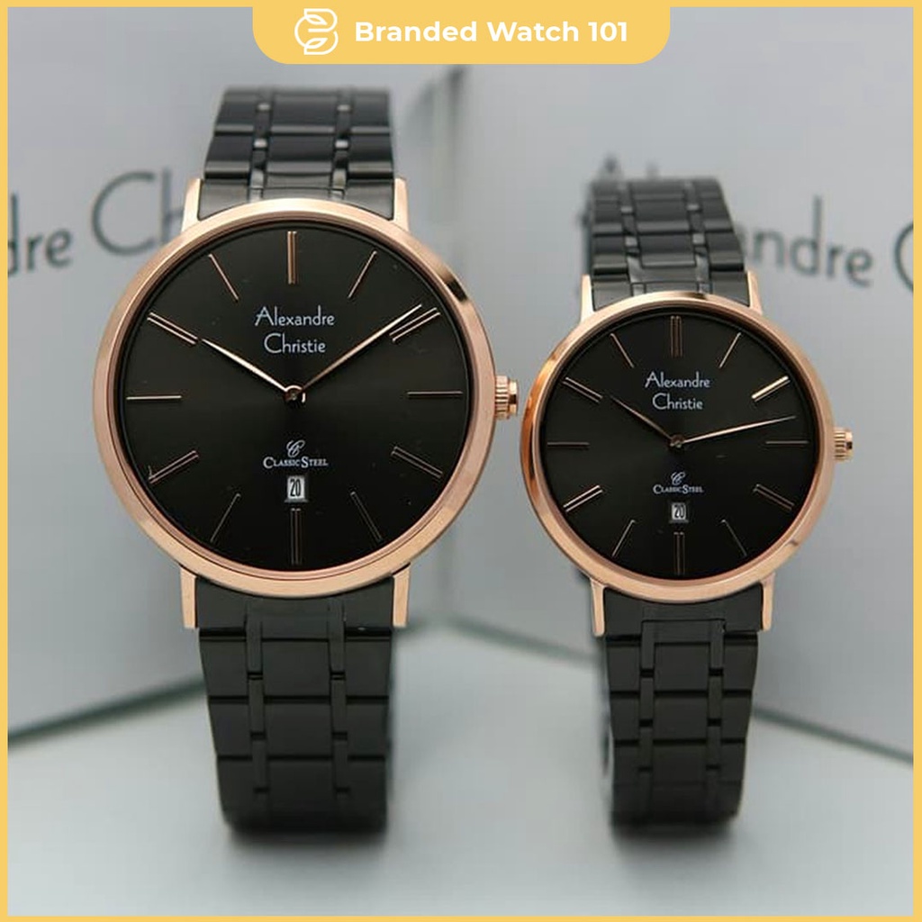 ORIGINAL Jam Tangan Couple Alexandre Christie AC 8597 / AC8597 Rosegold Black