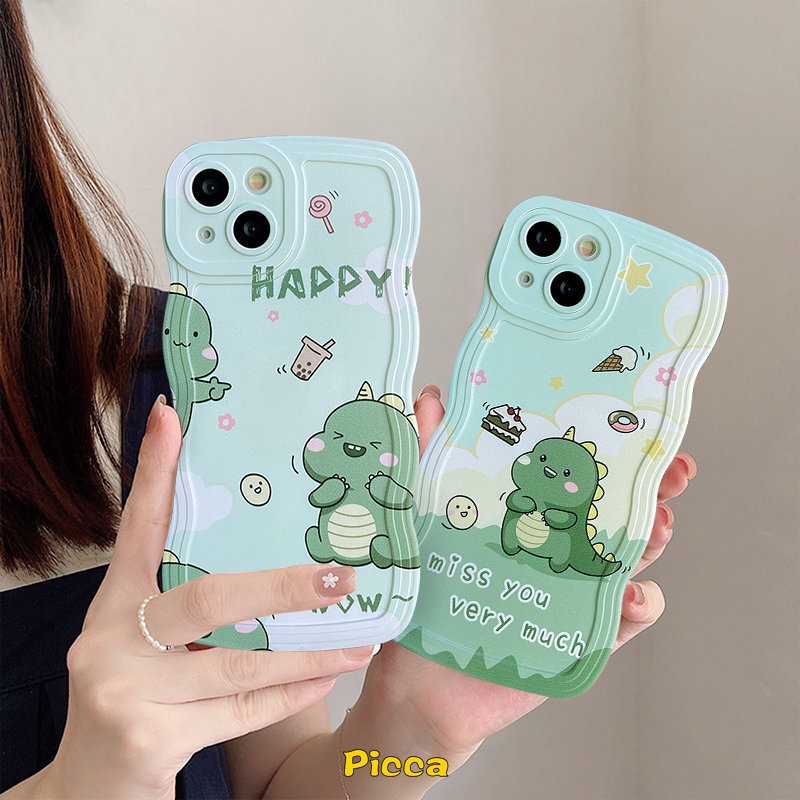 Casing Realme C15 10 C25Y C11 2020 C3 C25 C35 C21Y C12 C25s C20 C11 2021 6i 5i 5 5s 9i C20A C1 Happy Milk Tea Kue Donat Kartun Dinosaurus Kecil Lucu Wavy Edge Soft TPU Cover