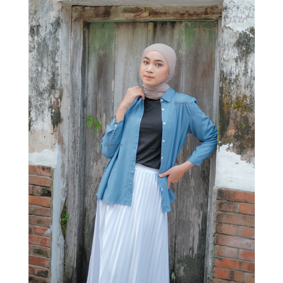 KEMEJA WANITA POLOS LENGAN PANJANG WANITA KATUN RAYON LONG SHIRT ORGANIK STEEL BLUE