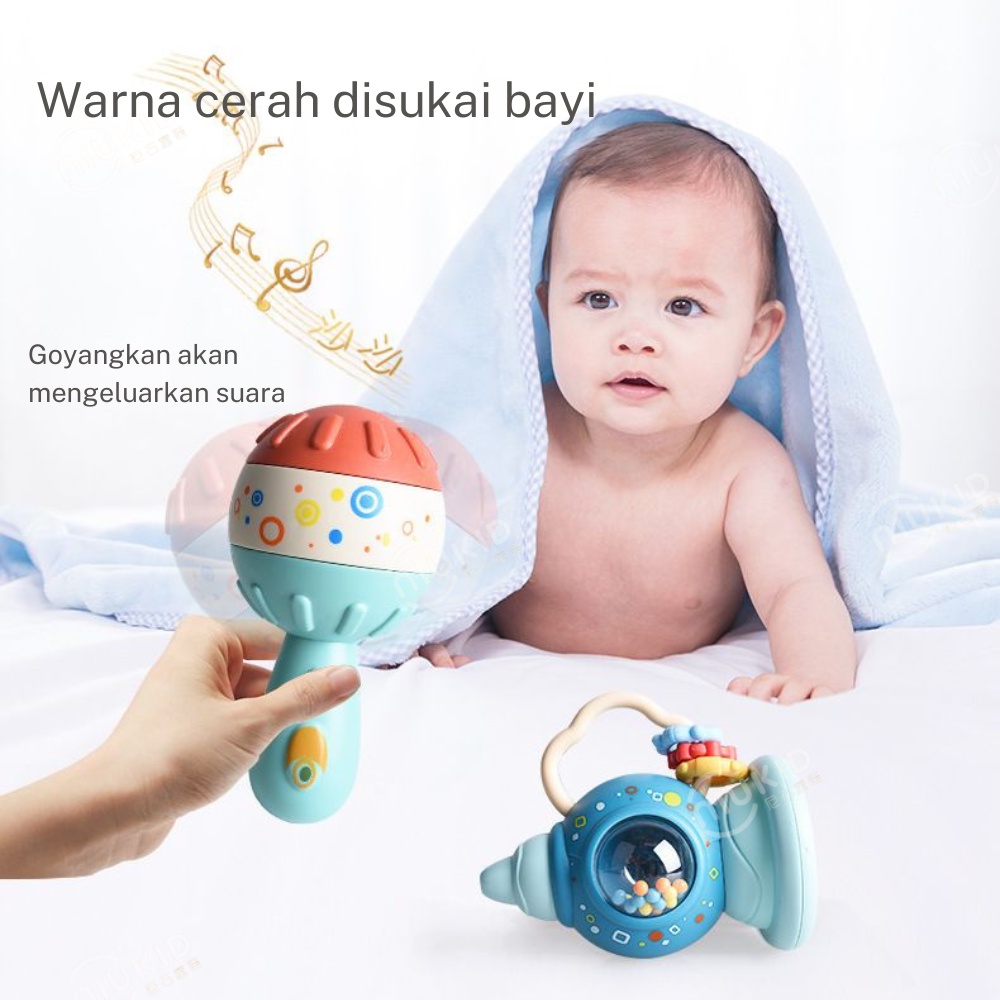 NIUKID MAINAN RATTLE TEETHER BENTUK GITAR KARTUN UNTUK EDUKASI DINI BAYI NEWBORN