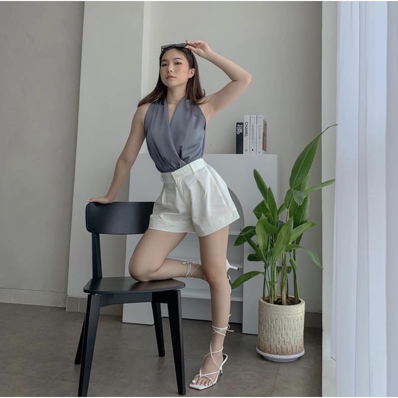 JENNY SATIN TOP KOREA STEEL GREY - ATASAN PESTA SATIN - TOP BASIC MEWAH V-NECK - TOP SEXY - ATASAN UNTUK KONDANGAN - HADIAH / KADO ULTAH CEWEK