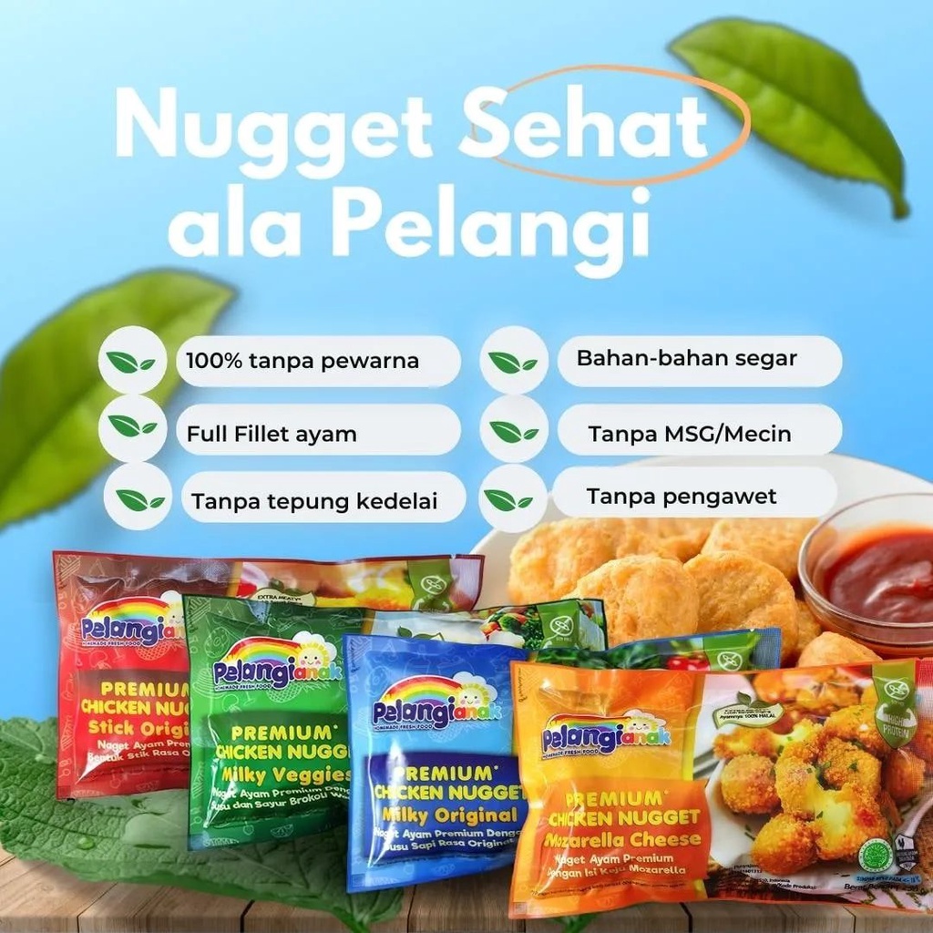 

Pelangi Anak Frozen Homemade Premium Chicken Nugget Non MSG Milky Original / Milky Veggie / Mozzarella Cheese / Stick Original