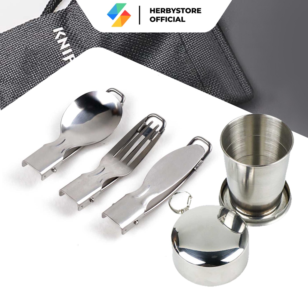 PAKET KNIFEZER Sendok garpu pisau lipat & gelas set portable stainless steel CAMPING OUTDOOR TRAVEL