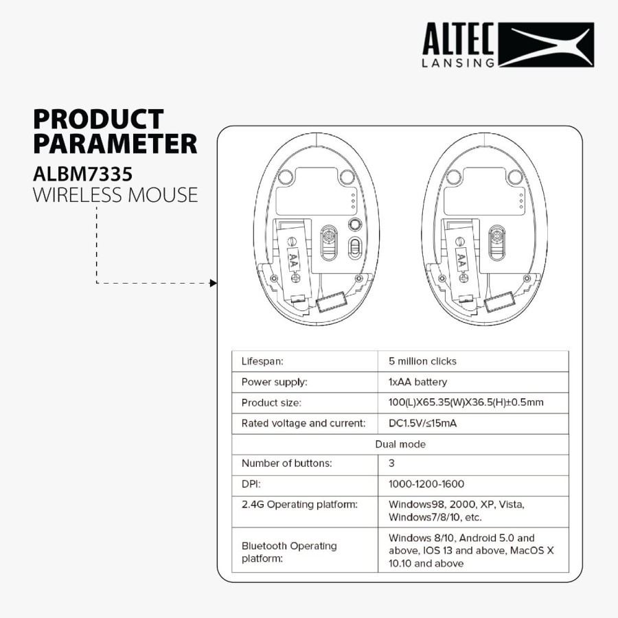 Mouse altec lansing bluetooth wireless 2.4ghz mode optical 1600dpi 4d for office gaming laptop pc cpu albm7335 albm-7335