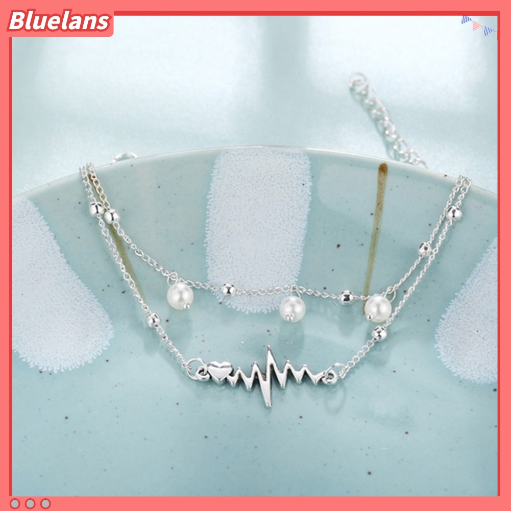 2pcs / Set Gelang Kaki Rantai Mutiara Tiruan Bentuk Detak Jantung Untuk Wanita