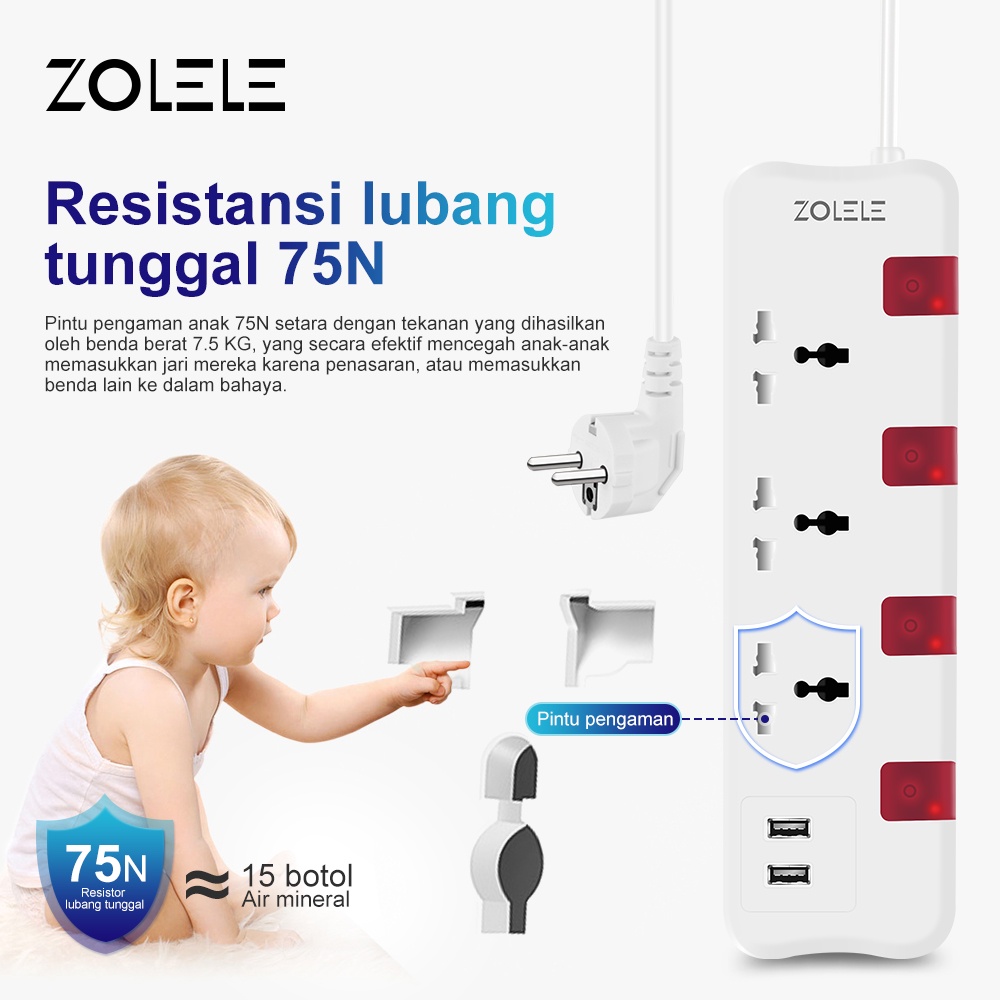 ZOLELE Stop Kontak Kabel Smart Colokan Listrik 3 Lubang Stopkontak 2 USB Port Power Strip 3M Soket Pengaman Lubang Saklar Timer Powerstrip ZK101