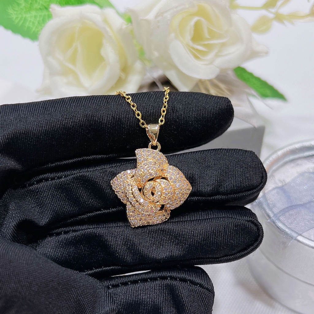 Goldkingdom Fashion Perhiasan Emas Asli Kadar 375 Bangkok Aksesoris Ready Stock Mawar Anting Liontin Kalung Camelia Hias Zirkon Berlian Mewah Wanita Gilt Sterling Silver