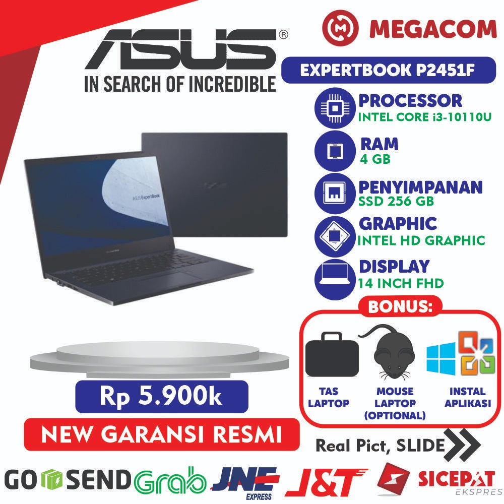 Asus Expertbook P2451F i3-10110U RAM 4GB SSD 256GB 14" Slim Antiglare Windows 10 Baru