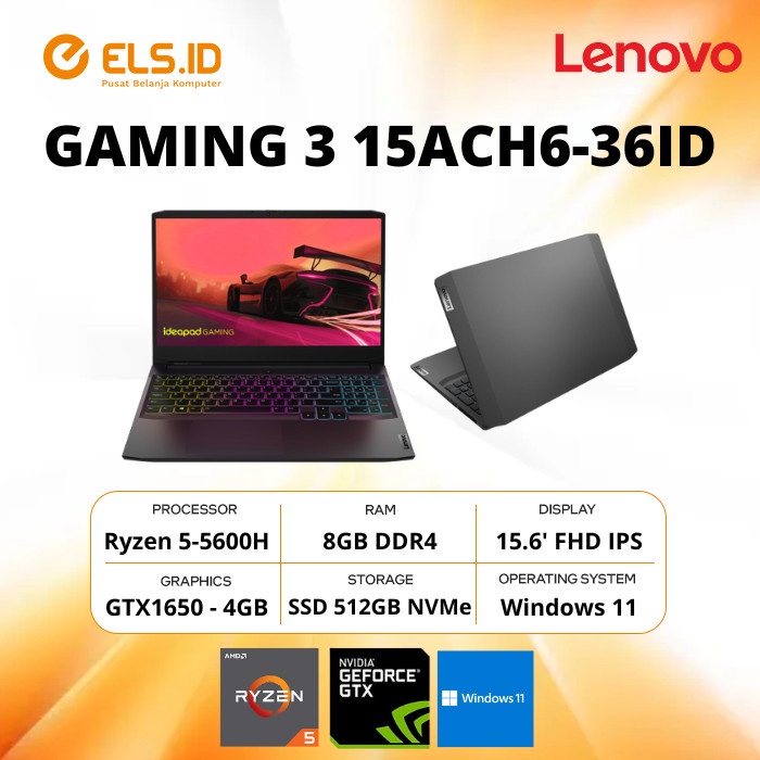 Laptop Lenovo Gaming 3 15ACH6-36ID - Black [Ryzen 5 5600H-8GB-SSD 512GB-GTX1650]