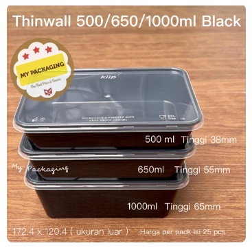 THINWALL FOOD CONTAINER 1000ml LUNCHBOX BLACK - 25pcs  | Persegi Panjang Rectangular | Microwave Freezer Steamer Food - SAFE | BPA Free Reusable