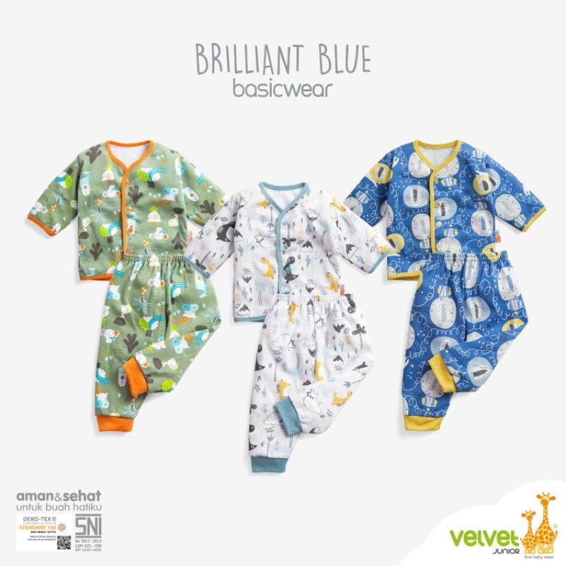 Velvet Junior Stelan Baju Lengan Panjang Kancing Depan &amp; Celana Panjang - Brilliant Blue Series (Isi 3 Pcs)