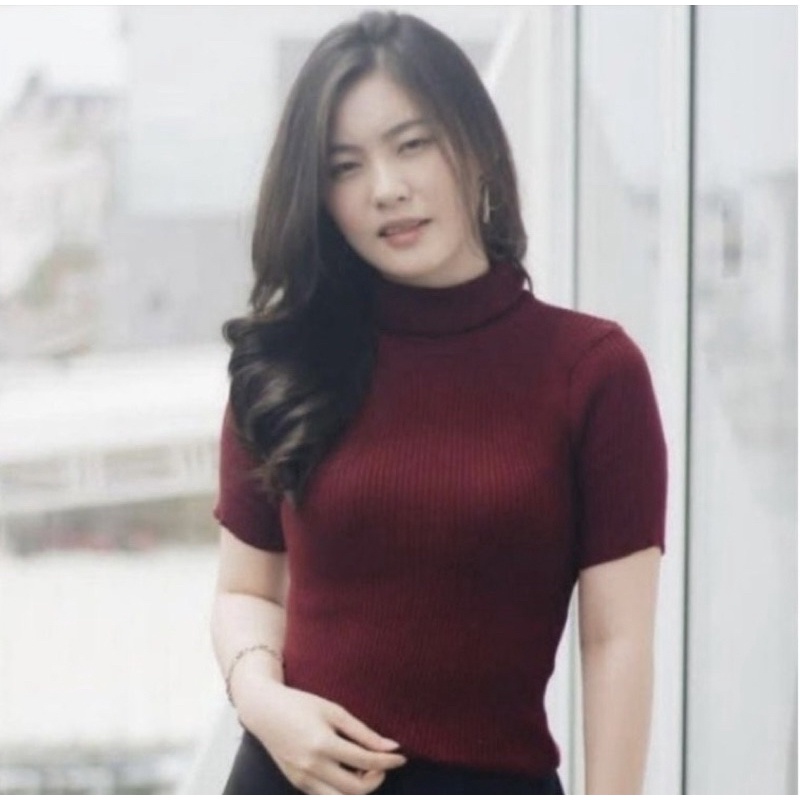 Atasan Rajut Wanita Turtleneck - Kerah Tinggi Lengan Pendek - Kaos Turtleneck Rib Turtleneck Lengan Pendek - Kaos Viral Korea Style