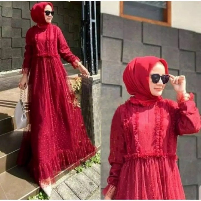 GAMIS Gamis Wanita Hainun Maxi Dress Baju Pesta / Gamis Tile Polka Import - maron termurah arab rema