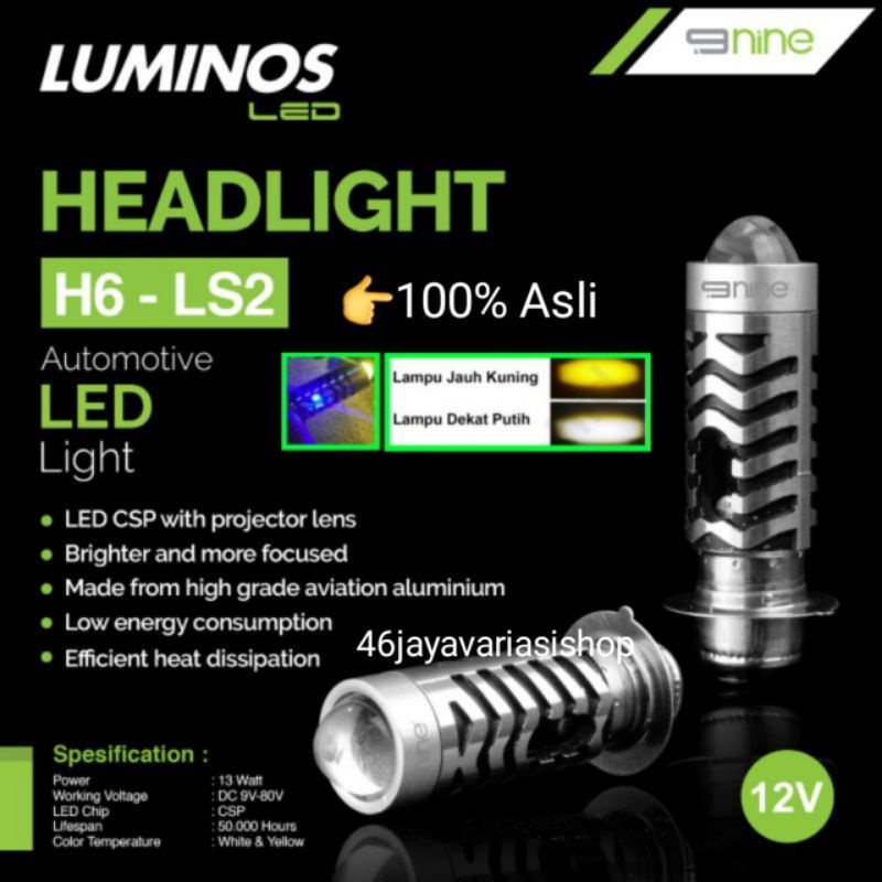 LAMPU LED UTAMA MOTOR H6 LASER LS2 LUMINOS 9NINE 2WARNA WHITE YELLOW