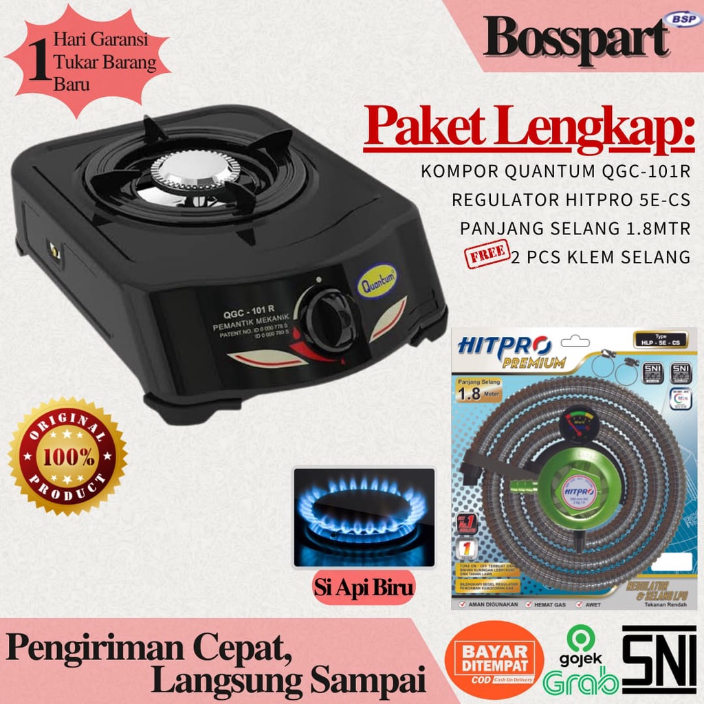 Paket Kompor Gas 1 Tungku bonus selang regulator / QUANTUM QGC-101R + 5ACS / MIYAKO KG201C + 5ACS