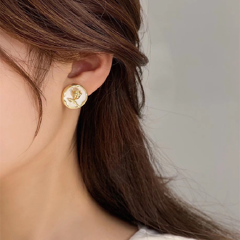 Anting Bulat Motif Bunga Mawar Korea Bahan Alloy Aksesoris Fashion Wanita Kualitas Premium ANT106