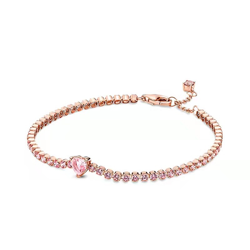 Pandora Gelang Tangan Rose Gold 18K 100% Hias Cubic Zirconia Hati Pink Adjustable Aksesoris Wanita