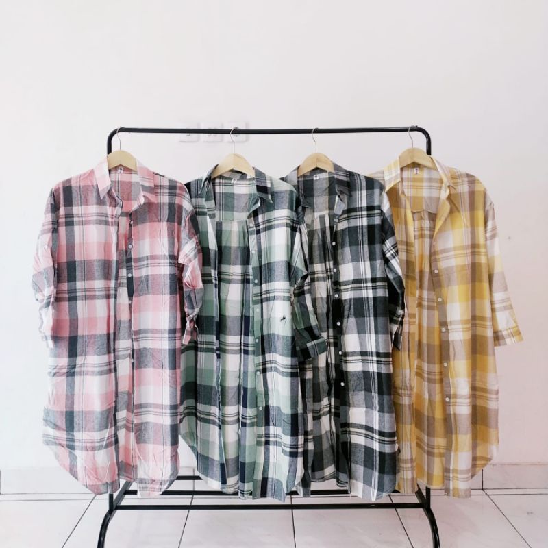 1331 Long kemeja kotak katun import